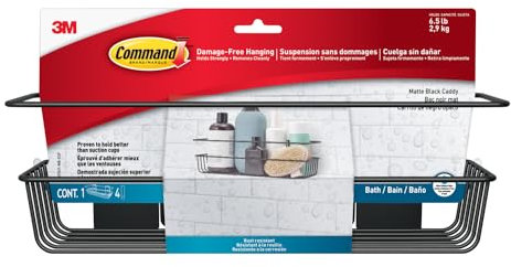Command Panier de Douche, Noir Mat - 1 Panier et 4 Languettes Adhésives Résistantes à l'eau de Taille Moyenne, 3 kg - Accrochage Sans Dommage