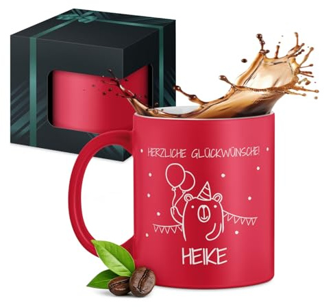 Maverton Keramik Kaffeetasse 330ml mit Gravur - Kaffeebecher mit funktionellem Henkel - personalisierter Keramikbecher für Männer zum Geburtstag zu Weihnachten - matt rot - Innen weiß - Party