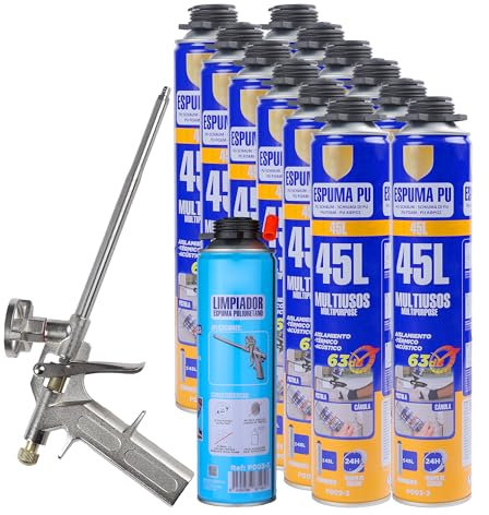 Kit de Aplicación de Espuma de Poliuretano - Incluye 12 Botes de 750ml, 1 Pistola de Aplicación y 1 Limpiador de Espuma 500ml - Ideal para Sellado y Aislamiento
