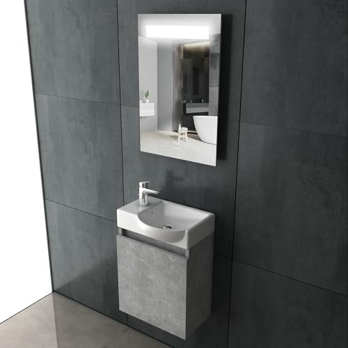 Alpenberger Badezimmer Badmöbel Set | Gäste WC Waschtisch mit Unterschrank | Badschrank Schmal mit Badspiegel | LED Spiegel mit Beleuchtung | Waschbeckenunterschrank Grau (Lugano 450R)