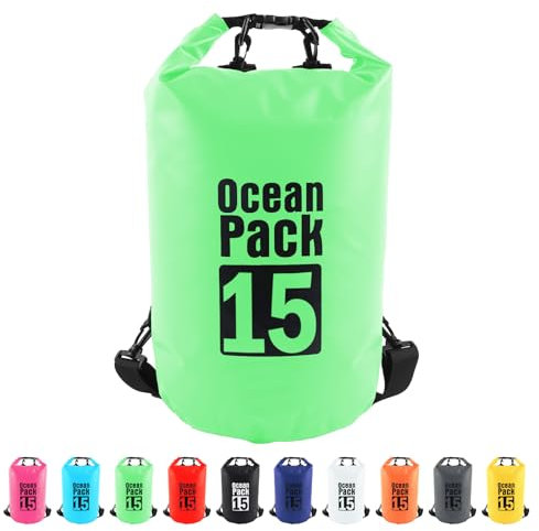 MORAINJAY 15L Wasserdichter Beutel, Grün Dry Bag 2L/5L/10L/15L/20L/25L/30L mit Verstellbarem Gurt, Schützt Telefon/Karte, Roll Top Wasserdichter Beutel Rucksack für Schwimmen/Rafting/Bootfahren