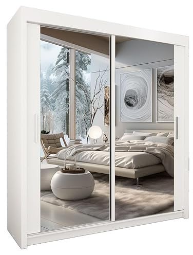 Style Heaven Modern Sliding Door Wardrobe for Bedroom,Matt Finish,2 Mirrored Sliding Doors wardrobes 6 Adjustable Shelves & 2 Hanging Rail,made of MDF Chipboard,aluminium Handles Chicago(180cm White)