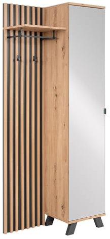 Homestyle4u 2742, Garderobe Holz Eiche Kleiderständer mit Spiegel Garderobenschrank Flurgarderobe 2 Kleiderhaken