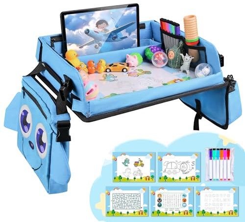 VSIFEHSO Kinder-Reisetablett für Autositz Faltbar Kinder Knietablett mit Transparenter Zeichnungsfilm für Kinderwagen Autos Flugzeuge Züge Kinder Reisetisch mit 5 Zeichenpapier 6 Farbpinsel