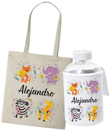 LA CASA DE LA TAZA | Pack Tote Bag y Botella de Cristal Personalizados con Nombre y Animales | Regalos Personalizados para Niños | Bolsa Playa | Vuelta al Cole | Ideal Para Regalos