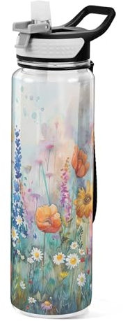 Sevdomey Bouteille d'eau aquarelle à fleurs sauvages avec couvercle à paille - Transparente - Étanche - Pour sport de plein air, fitness, entraînement, voyage, 950 ml