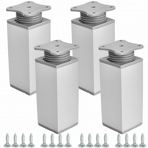 STOLMET Möbelfüße Füße Für Möbel 4 Stück 100 mm Möbelbeine Wohnzimmer Küche Schlafzimmer Schrank Sofa Sessel Kunststoff Höhenverstellbar Aluminum Matt