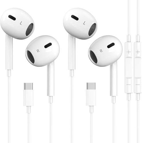 Paquete de 2 auriculares USB C para iPhone 16/15 con micrófono y control de volumen, auriculares estéreo de alta fidelidad tipo C para Galaxy S23/S22/S21/S20/Ultra Note 10/20, para iPad Pro Pixel