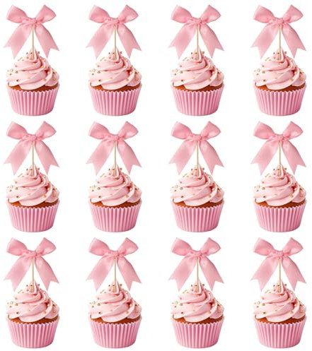 12St Cupcake Deko Schleife, Kuchen Deko Schleife Rosa Schleife Kuchen Topper Schleife Geburtstagsdekoration mit Rosa Schleife für Hochzeit Babyparty Junggesellinnenabschied