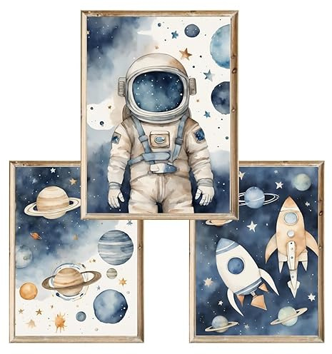 3er Set Kinder Poster A3, Weltraum 1, Astronaut und Planeten, Wanddeko