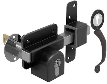 Gate Mate Long Throw Gate Lock, Euro Profile Keyed Both Sides Gate Lock for Sheds, Gates & Garage Doors, 316 Stainless Steel, for Wooden Gates & Doors Up to 2¾” inch Thick (70mm), Black, 5 Keys