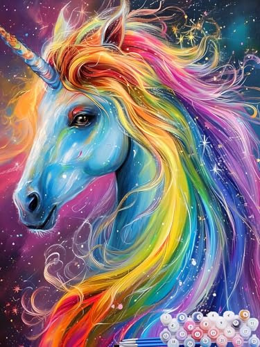 Malen nach Zahlen Erwachsene Bunt, Paint by Numbers for Kinder Einhorn, DIY Handgemalt Ölgemälde Kit inklusive Pinsel und Acrylfarben für Anfänger für Zimmer Deko Wanddeko Ohne Rahmen 30x40cm M-0