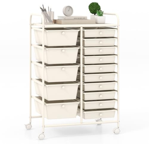 COSTWAY Rollwagen mit 15 stapelbaren Schubladen, Schubladenwagen Rollcontainer mit Metallgestell und Ablagefläche, Badrollwagen Aufbewahrungswagen für Büro, Wohnzimmer, 63 x 37 x 87 cm (Weiß)