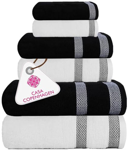 Casa Copenhagen Solitaire Mix Ensemble de Serviettes 6 pièces - Noir + Blanc 600 g/m² 2 de Bain, 2 à Main et 2 Serviettes de Toilette en Coton égyptien Doux pour la Cuisine, la Douche