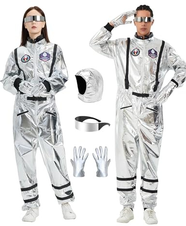 Astronauten Kostüm Herren, Silber Astronaut Costume Damen Spaceman Kostüm,Brille, Mütze, Handschuhe für Faschings