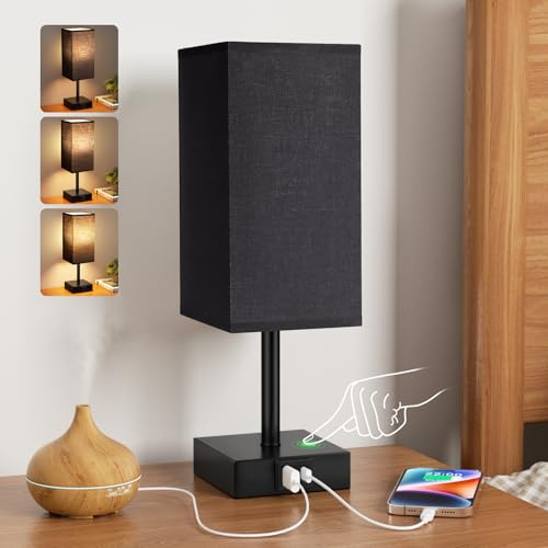 Aooshine Black Bedside Lamp, 3-Way Dimmable Table Lamps with Square Fabric Shade,Black Base(Bulb Included)