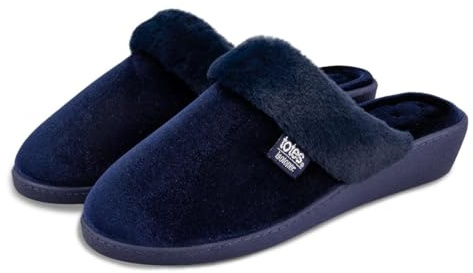 Isotoner® Ladies Sparkle Velour Heeled Mule Slippers, 360° Surround Comfort with Memory Foam, Pillowstep® Technology, Durable Textured Sole, Machine Washable, Faux Fur Cuff, Navy, 7 UK