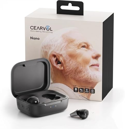 Cearvol-Nano Hearing Amplifiers with All-in-One Charging Case Control Rechargeable Whisle-Free Experience Noise Reduction for Seniors Adults Discreet Mini ITC Design, Midnight