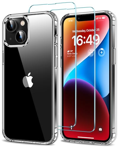HOOMIL Case for iPhone 14 Phone Cover with 2-Pack Tempered Glass Screen Protector, Non-Yellowing, Drop Protection, Anti-Scratch, Transparent, Hard Back - Crystal Clear