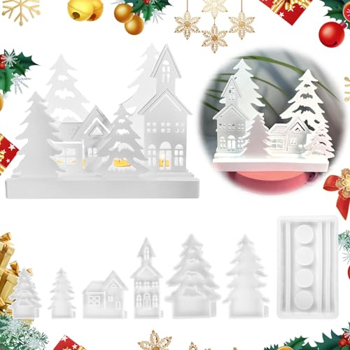 Lot de 7 Moule en Silicone pour Bougeoir de Noël, Moule Resine Epoxy 3D Sapin, Moulage De Maisons Et Arbres avec Base pour La Fabrication De Bougies ParfuméEs DIY