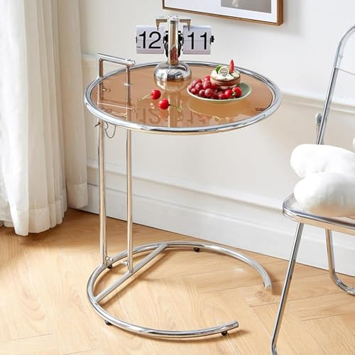 Runder Beistelltisch aus Glas mit verstellbarer Höhe und Metallgestell für Wohnzimmer und Schlafzimmer
