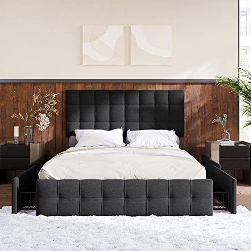 Generisch Höhenverstellbares Polsterbett mit 4 Schubladen - Doppelbett 140x200 cm in Schwarz, Massiver Metallrahmen & Luxus-Design mit Stauraum