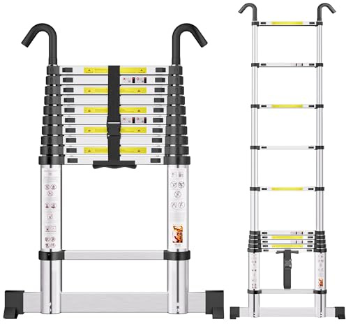 3,19M Aluminium Teleskopleiter, Aluleiter ausziehbar mit Stabilisator, Leiter Ausziehbar mit Haken, 11 Sprossen, für Hause, Wohnmobil und Freien, Tragkraft 150 kg