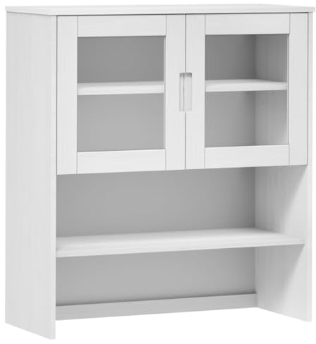 Owoxanthellate Highboard-Aufsatz MOLDE Weiß, 90x35x100 cm Schrankaufsatz aus Kiefer Massivholz mit Glastüren, Vitrinenaufsatz für Wohnzimmer und Esszimmer im Landhausstil