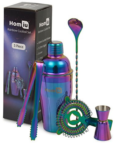 Homiu, Qualitatives Edelstahl Cocktail – Shaker Set (550ml) mit Rainbow Design, schillernder Edelstahl, 5- teilig: Sieb, 2 Messbecher (15/30ml)