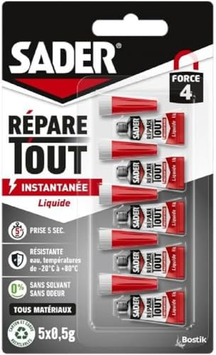 Sader Colle de Réparation Répare Tout Liquide - Colle Extra Forte - Prise Instantanée en 5 secondes - Efficace sur Tous Matériaux - Sans Odeur et Sans Solvants - Transparent - 5 Tubes de 0,5 g