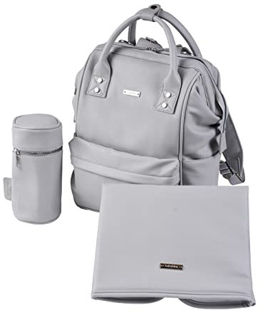 BABABING | Mani Baby Changing Bag Large Backpack with Adjustable Shoulder Straps | Multifunction Baby Bag Backpack with Detachable Changing Mat & Insulated Bottle Holder | Dove Grey Leatherette