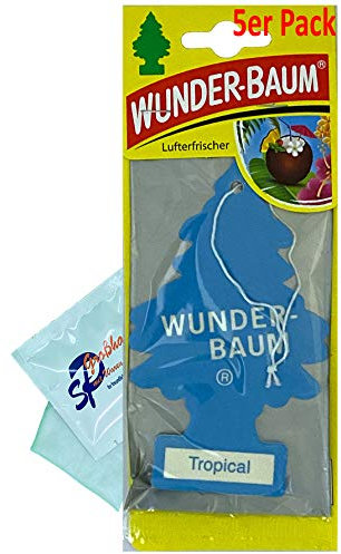 WUNDER-BAUM 5 Stück Tropical Lufterfrischer Duftbaum Wunderbaum Original inkl. 1 x Glasreinigungstuch von SP Großhandel Gratiszugabe