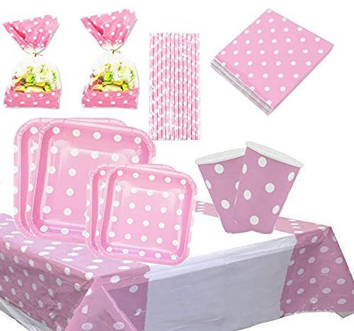 Set de Artículos Vajilla Desechables para Fiesta de Cumpleaños :Platos,Vasos,Servilletas,Mantel,Bolsas de Caramelos,Pajitas, Color Rosa a Lunares Para 16 Invitados
