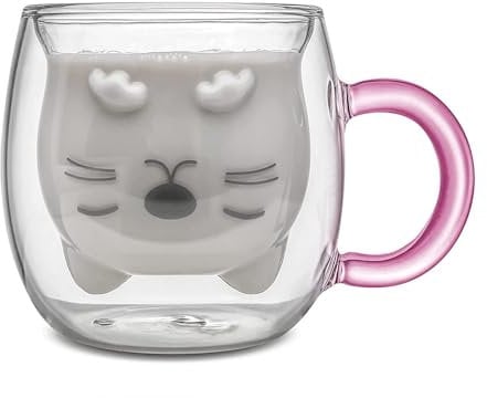 Qinhai Cute Cat Coffee Mug,Double Wall Glass Tea Cup,Valentines Easter Mothers Day Graduation Christmas,Gifts for Women Wife Mum Her Girl Boy Kid Teacher Friend,Birthday Present