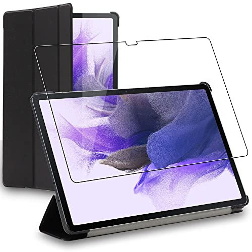 ebestStar - Coque pour Samsung Galaxy Tab S7 FE T730, 5G T736B, Etui Slim Cover, Housse PU Cuir Rabat Magnétique, Noir + Verre Trempé