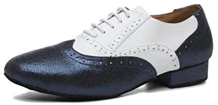 MINITOO Mens Dance Shoes Block Standard Heel Synthetic Leather Ballroom Dancing Shoes L496 Black/White UK 7.5