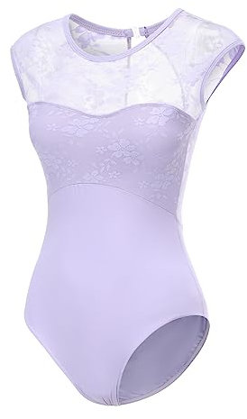 Lanbodance Kurzärmeliger Ballettanzug für Erwachsene, Tanz, Gymnastik, Body, Lavendel/Spitze, XL