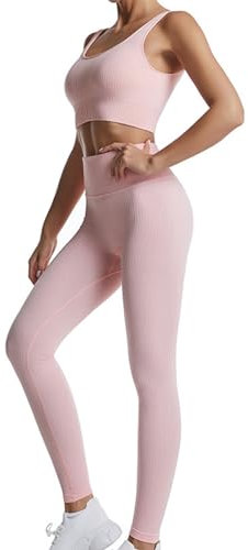 dohomiryo Damen Sportanzüge Jogginganzug Sport Sets 2 Teilig Workout Outfit Set Sport Crop Top+Hohe Taille Yoga Leggings Yoga Outfit Freizeitanzug Sportswear Rosa M