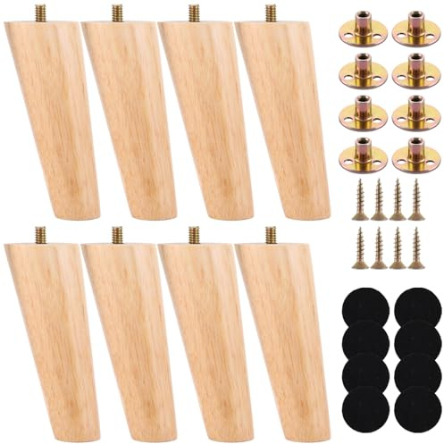 JMIATRY 10cm Wooden Furniture Legs Set of 8, Nature Solid Wooden Sofa Legs | Sofa Replacement Feet with Mounting Plate & Screws for Cabinet, Bed, Chair, Sofa, Dresser Table and TV Stand