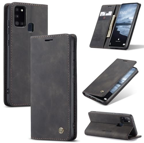 owlhold Handyhülle für Samsung Galaxy A21s Hülle, Premium Lederhülle Weiches Vintage-Nubukleder Faltbare Ständer Klapphülle Kartenfach Standfunktion stoßfest Schutzhülle für Samsung A21s - Schwarz