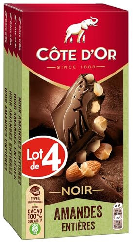 CÔTE D'OR - 4 Tablettes Côte d'Or Bloc Chocolat Noir et Amandes Entières 180g - Chocolat Noir et Amandes Entières - Lot de Tablettes de Chocolat - Lot de 4x180g