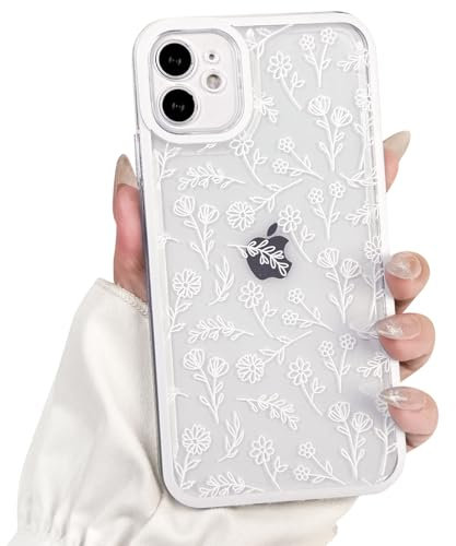 NITITOP Compatible with iPhone 11 Case Cute Clear White Durable Flower Floral Leave for Girls Women Soft TPU Transparent Colourful Frame Full Camera Lens Shockproof Protective Cover - White
