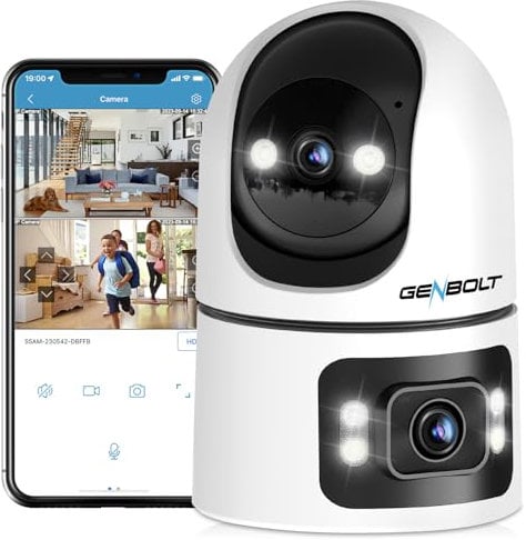 GENBOLT Cámara de Seguridad WiFi Interior, CCTV Cámara IP de Vigilancia Doméstica con Doble Lente de 360°y Detección de Humanoide, Cam Nanny Pet Dog, Monitor de Bebé de Doble WiFi de 2.4&5GHz