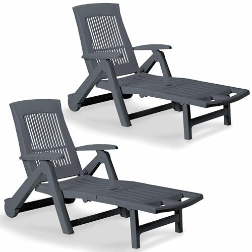 Casaria® 2er Set Sonnenliege Klappbar mit Rollen Gartenliege Wetterfest 5-Fach Verstellbar Armlehne für 2 Personen Kunststoff Pool Relaxliege Grau