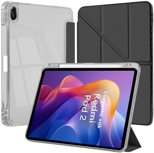 EspZanthic Custodia per Xiaomi Redmi Pad 2 11 Pollice 2025 con Portapenne, 6-in-1 Angoli di Visione Multipli Supporto a Forma di Y, Cover Trasparente Posteriore, Nero