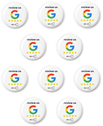 10 pegatinas NFC “Review us” – para reseñas de Google, 3 cm, autoprogramables, adhesivo 3M, reutilizables y sin contacto – consigue más valoraciones al instante