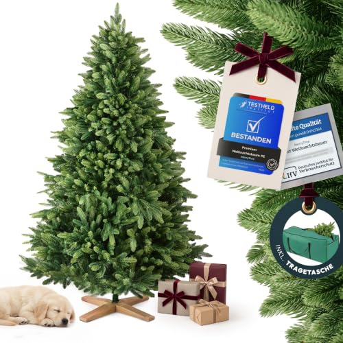Merry Tree Premium künstlicher Weihnachtsbaum 120cm - kleiner Weihnachtsbaum Spritzguss mit naturgetreuen PE-Nadeln und edlem Holzfuß - Kunst Tannenbaum - Christmas Tree - Christbaum PE-Spritzguss