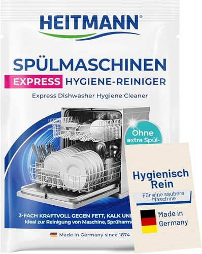 HEITMANN Express Spülmaschinenreiniger | Dreifach-aktiv gegen Fett, Kalk & Gerüche | Maschinenreiniger für Geschirrspüler – wirkt im Kurzprogramm | Für Sprüharme, Filter & Innenraum | 30 g