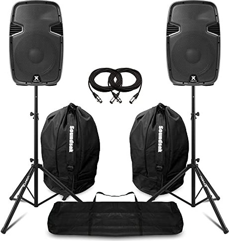 VONYX SPJ1200ABT 12 Bluetooth Active DJ Speaker Set, 1200W Powered PA System with Tripod Stands, Protective Bags, USB MP3 Playback, XLR Cables & Remote Control Included