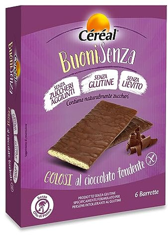 CÉRÉAL BUONI SENZA, Golosi al cioccolato fondente, Snack senza zuccheri aggiunti, Biscotti ricoperti di cioccolato senza glutine e senza lievito, 77 calorie per barretta, 102 gr, 6 barrette